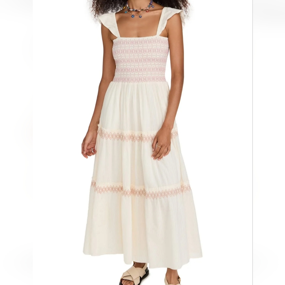 Sim & Sam Smocked Tiered Long Dress ivory SZ.L NWT